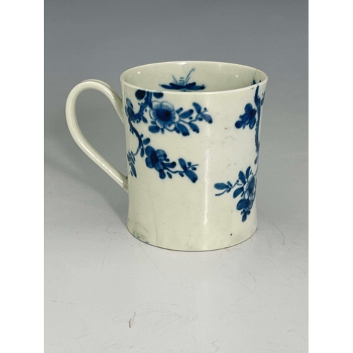 968 - A Worcester blue and white small mug or coffee can, circa 1755, Prunus Root pattern, 6cm high