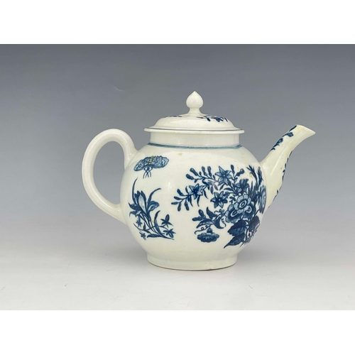 980 - A Worcester blue and white teapot, crescent mark, circa 1770, transfer decorated in the three flower... 