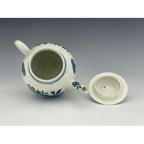 980 - A Worcester blue and white teapot, crescent mark, circa 1770, transfer decorated in the three flower... 