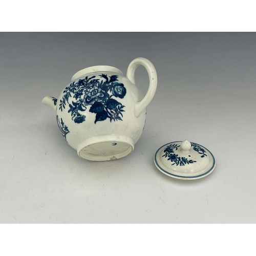 980 - A Worcester blue and white teapot, crescent mark, circa 1770, transfer decorated in the three flower... 