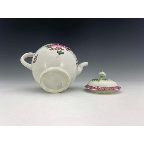 982 - A Worcester polychrome teapot, circa 1770, Compagnie des Indes pattern, painted with floral bouquets... 