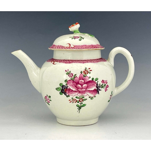 982 - A Worcester polychrome teapot, circa 1770, Compagnie des Indes pattern, painted with floral bouquets... 