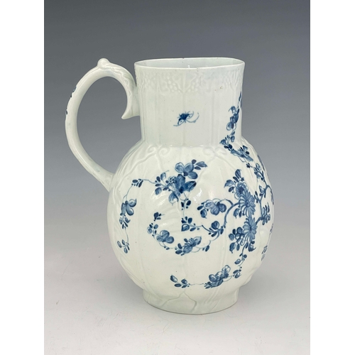 983 - A Worcester blue and white relief moulded Dutch jug, workman's mark, circa 1757, Cabbage Leaf Floral... 