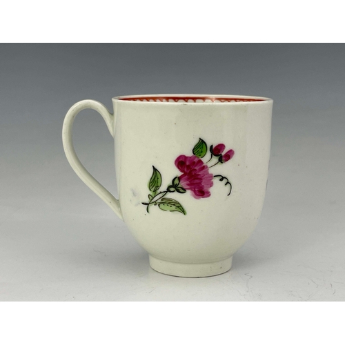 984 - A Worcester polychrome coffee cup, circa 1770, rounded beaker form painted with flowering rose, prob... 