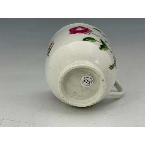 984 - A Worcester polychrome coffee cup, circa 1770, rounded beaker form painted with flowering rose, prob... 