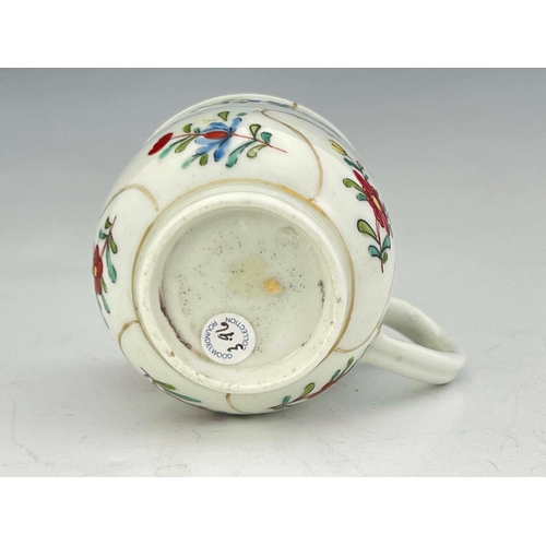 987 - A Worcester polychrome coffee cup, circa 1760, Gold Queens floral pattern, ogee bell shaped bowl pai... 