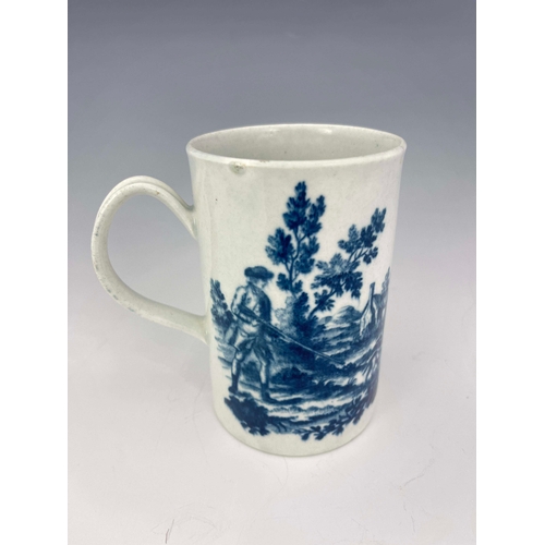 988 - A Worcester blue and white transfer printed mug, crescent mark, circa 1775, Man Shooting a Gun and M... 