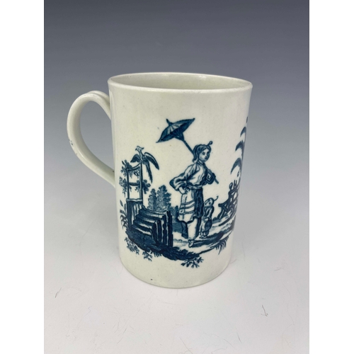 990 - A Worcester blue and white transfer printed mug, crescent mark, circa 1770, decorated with La Peche ... 