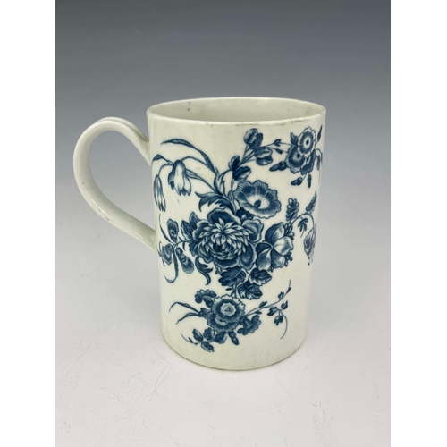 991 - A Worcester blue and white transfer printed mug, crescent mark, circa 1770, decorated with the Bouqu... 