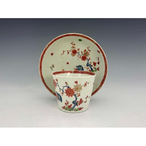 992 - A Worcester polychrome tea beaker and saucer, gilt crescent mark, circa 1760, Two Quail pattern, aft... 