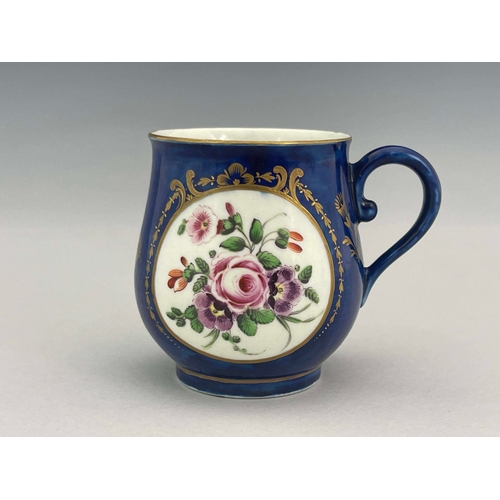 996 - A Worcester powder blue polychrome custard cup, crescent mark, circa 1770, baluster form, painted wi... 