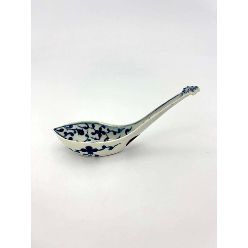 998 - A Worcester blue and white pierced rice spoon, circa 1775, Maltese Cross Flower pattern, relief moul... 