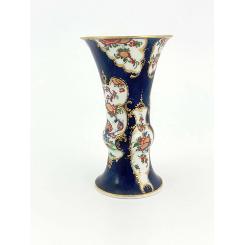 999 - A Worcester scale blue vase, square mark, circa 1770, Gu or knopped trumpet form, painted in rich ka... 