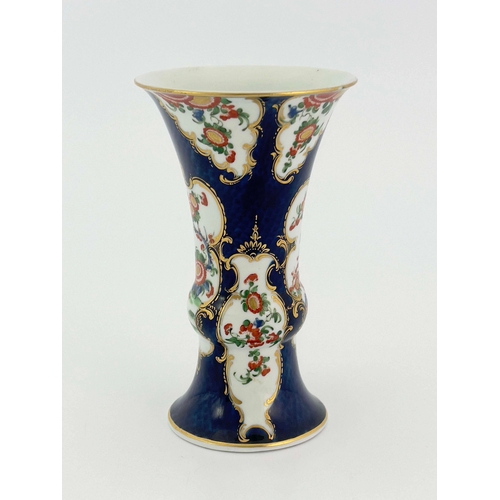 999 - A Worcester scale blue vase, square mark, circa 1770, Gu or knopped trumpet form, painted in rich ka... 