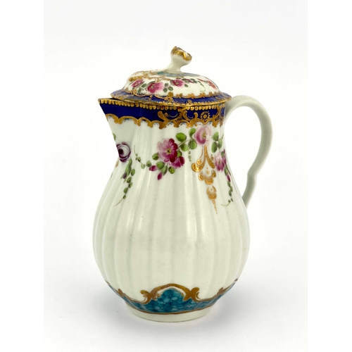 1001 - A Worcester polychrome milk jug and lid, crescent mark, circa 1770, reeded sparrow beak baluster for... 