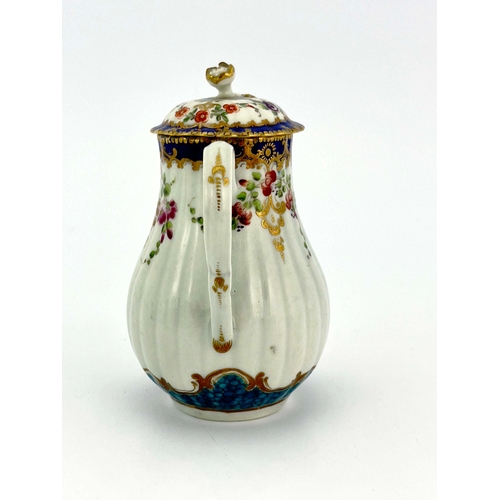 1001 - A Worcester polychrome milk jug and lid, crescent mark, circa 1770, reeded sparrow beak baluster for... 