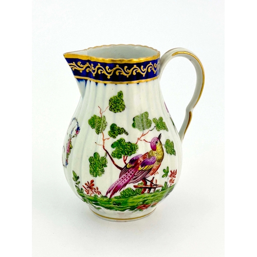 1002 - A Worcester James Giles polychrome jug, circa 1768, sparrow beak reeded baluster form, painted with ... 