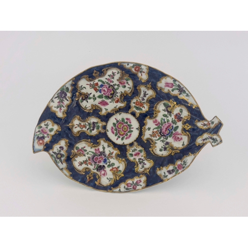 1009 - A Worcester scale cabbage blue leaf dish, square mark, circa 1768, relief moulded and painted with E... 