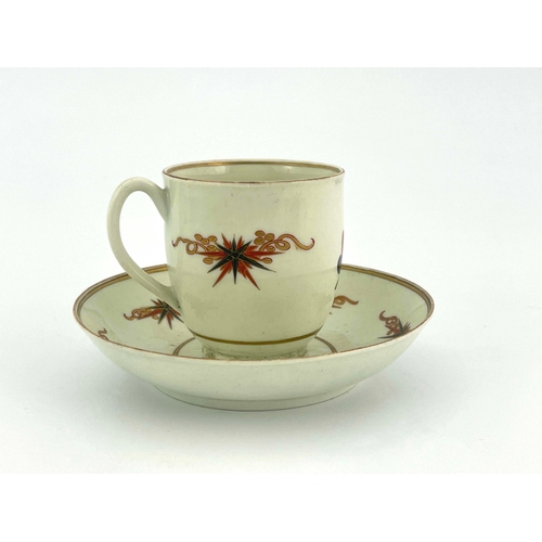 1025 - A Worcester polychrome coffee cup and saucer, circa 1775, Thunder and Lightning pattern, painted wit... 