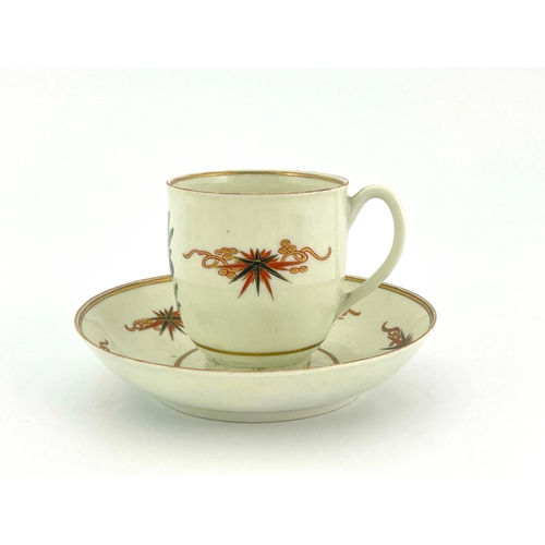 1025 - A Worcester polychrome coffee cup and saucer, circa 1775, Thunder and Lightning pattern, painted wit... 