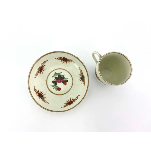 1025 - A Worcester polychrome coffee cup and saucer, circa 1775, Thunder and Lightning pattern, painted wit... 