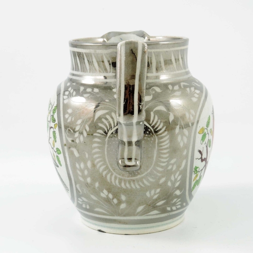 1084 - A silver lustre pearl ware pottery jug, globular form, circa 1820,  resist decorated with flowers an... 