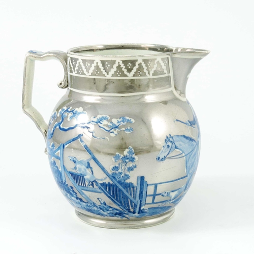 1085 - A silver lustre pearl ware pottery jug, globular form, circa 1815,  resist decorated with a blue and... 