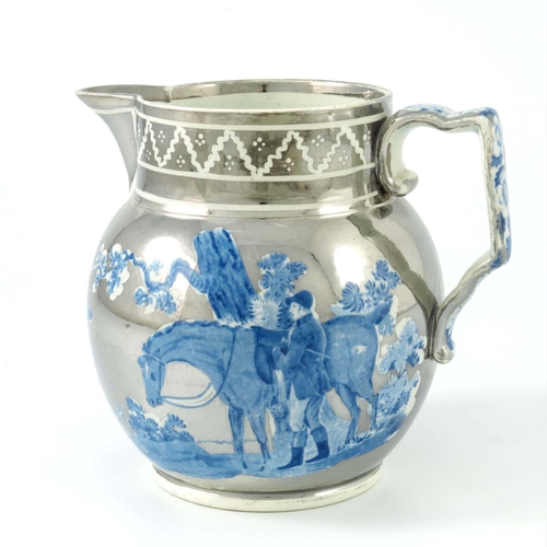 1085 - A silver lustre pearl ware pottery jug, globular form, circa 1815,  resist decorated with a blue and... 