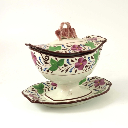 1086 - An early 19th century pearlware tureen and cover on fixed stand, circa 1815, boat form Regency style... 