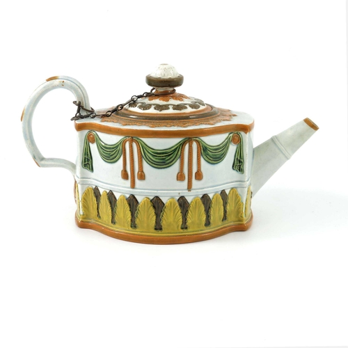 1087 - A 19th century Staffordshire pearlware and enamelled teapot, ogee square section form, relief moulde... 