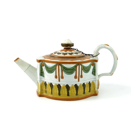 1087 - A 19th century Staffordshire pearlware and enamelled teapot, ogee square section form, relief moulde... 