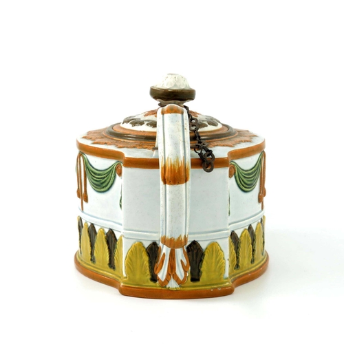 1087 - A 19th century Staffordshire pearlware and enamelled teapot, ogee square section form, relief moulde... 