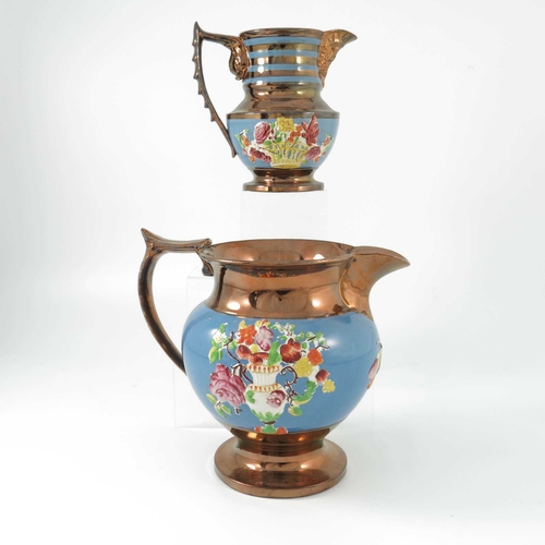 1090 - Two 19th century Copper lustre jugs, baluster footed form,  decorated with polychrome enamelled and ... 