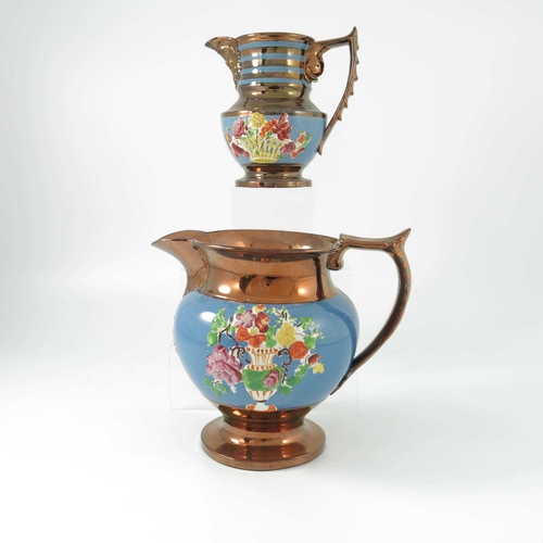 1090 - Two 19th century Copper lustre jugs, baluster footed form,  decorated with polychrome enamelled and ... 