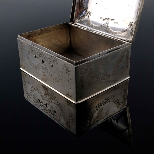 35 - A German silver jewellery casket, domed rectangular from with embossed and chased ribbon and acanthu... 