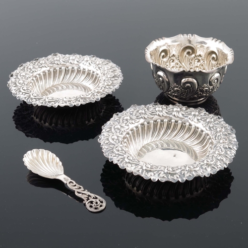 62 - Victorian silver including pair of embossed dishes, bowl and caddy spoon, Elkington and Co., Birming... 