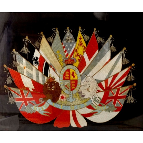 358 - A military sampler, circa 1900, embroidered with Royal coat of arms over the flags of the German Emp... 