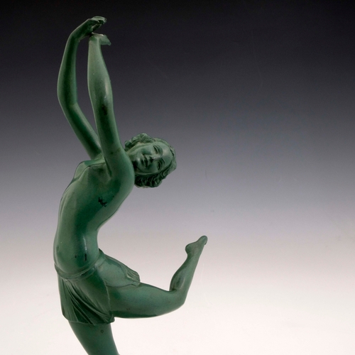 528 - An Art Deco patinated art metal figure of a dancer, circa 1925, modelled with arms raised, on black ... 