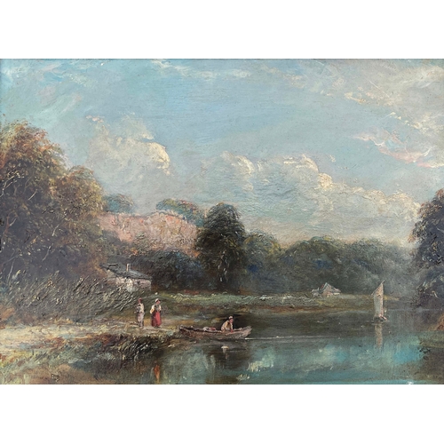 669 - English School, 19th Century, a river landscape with figures by a rowing boat, oil on panel, 27.5 by... 