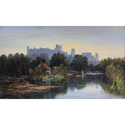 687 - Richard Allam (British, 19th Century), view of Windsor Castle from a weir, figure punting in the for... 