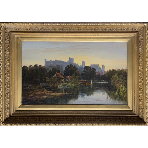 687 - Richard Allam (British, 19th Century), view of Windsor Castle from a weir, figure punting in the for... 