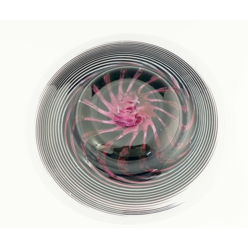 817A - Anthony Stern. a studio glass bowl, broad rimmed dish form, marbled amethyst with opaque spiral bord... 