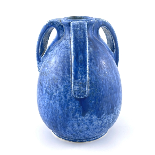 897 - Ruskin Pottery, a Crystalline three handled vase, circa 1932, ovoid form with three loop bracket han... 