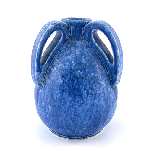 897 - Ruskin Pottery, a Crystalline three handled vase, circa 1932, ovoid form with three loop bracket han... 