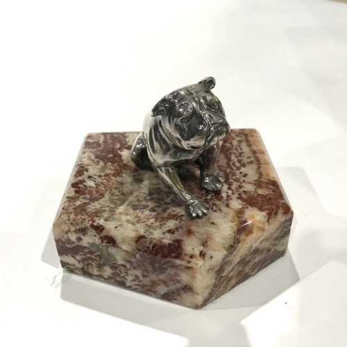 153 - A silvered cast metal figure of a bulldog, on red veined marble base, 9cm high