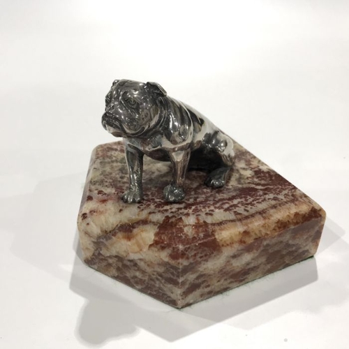 153 - A silvered cast metal figure of a bulldog, on red veined marble base, 9cm high