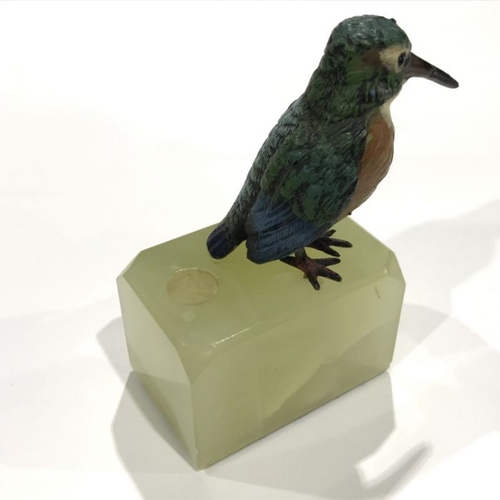 154 - A painted cast metal figure of kingfisher, on block carved onyx base with pen aperture, 9cm high