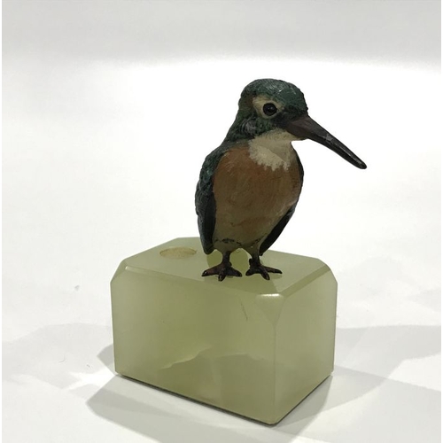 154 - A painted cast metal figure of kingfisher, on block carved onyx base with pen aperture, 9cm high