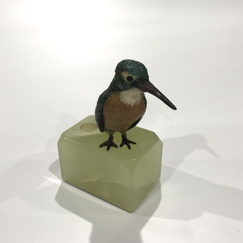 154 - A painted cast metal figure of kingfisher, on block carved onyx base with pen aperture, 9cm high