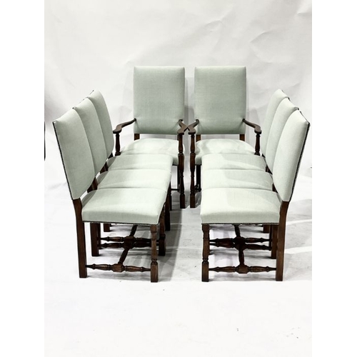 852 - A set eight Oak framed upholstered dining chairs on turned and block supports (6+2)